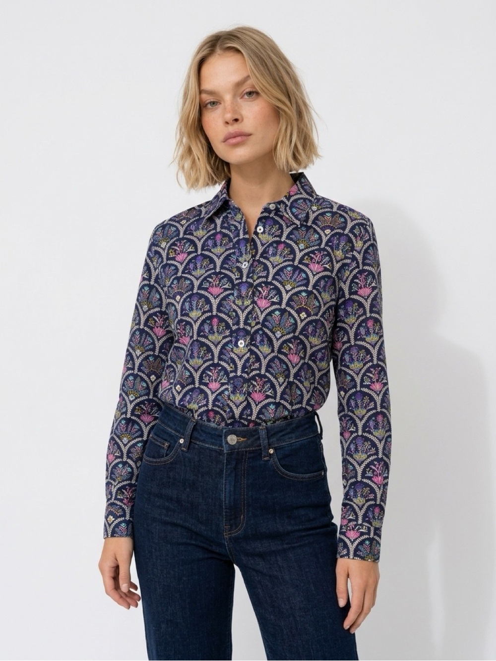 Talbots Navy Floral-Print Button Down Shirt PS